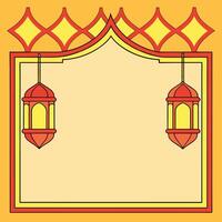 Ramadan Kareem greeting card with hanging lanterns and geometric pattern border. vector