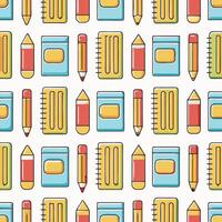 Seamless pattern of colorful stationery items including pencils, notebooks, and erasers. vector
