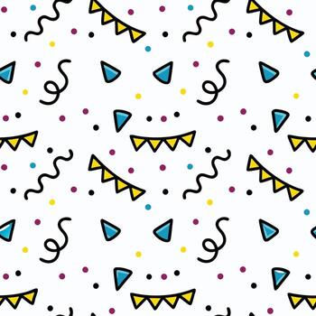 Seamless pattern with confetti, flags, and triangles on white background. vector