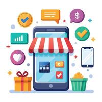 Mobile phone online shopping app interface with awning, gift, coins, and checkmarks. vector