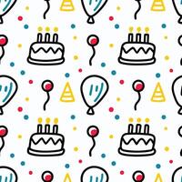 Seamless pattern with birthday cake, balloons, party hats, and confetti. vector