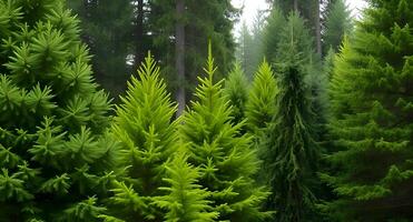 Several green trees are in a forest photo