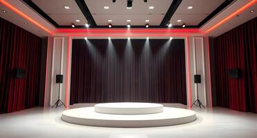 An empty stage with red curtains and a spotlight photo
