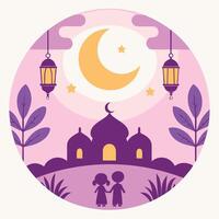 Children holding hands in front of mosque at night under crescent moon. vector