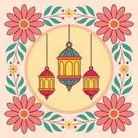 Three hanging lanterns surrounded by pink flowers and green leaves in a circular frame. vector