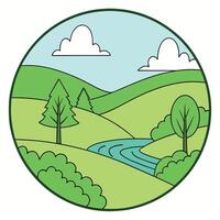 Circular illustration of a serene landscape featuring rolling green hills, a meandering river, lush trees, and fluffy clouds under a light blue sky. vector