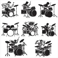 Rock Drummer with Drums Silhouette in Stage Performance Design Bundle vector