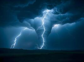 A tornado is seen in the sky with lightning photo