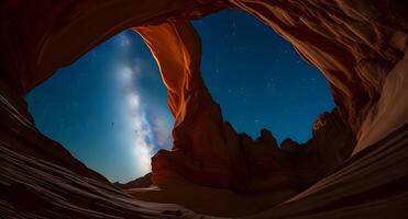 The milky way shines through the arch of a canyon photo