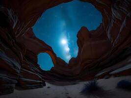 A night sky view of a canyon with a starry sky photo