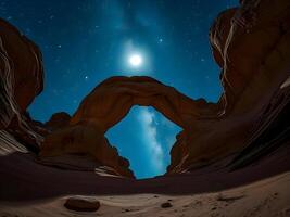 The moon is shining over a rock formation in the desert photo