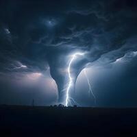 A tornado is seen in the sky with lightning photo