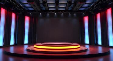 An empty stage with bright lights and a spotlight photo
