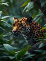 A leopard is sitting in the middle of the forest photo