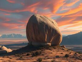 A rock in the desert with a sunset in the background photo