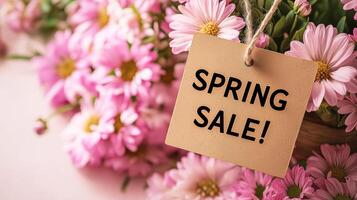 A tag that says Spring Sale on a pink background with space for text. photo
