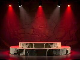 Stage with red lights and a rock wall photo