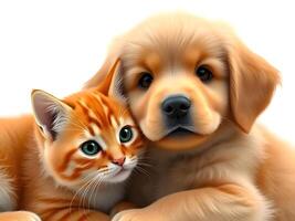 A cat and dog are cuddling together photo