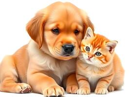 A dog and cat are sitting together on a white background photo