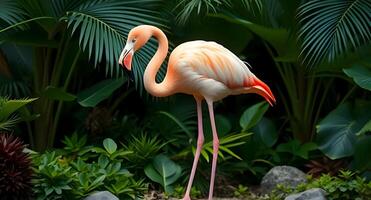 A flamingo standing in front of some plants photo