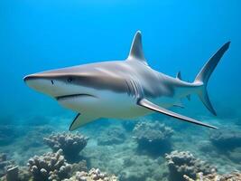 A large shark swimming in the ocean near coral reefs photo