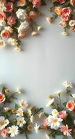 Flowers are arranged in a circle on a gray background photo