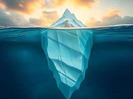 An iceberg floating in the ocean with a sun in the background photo