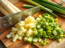 Chopped green onions and celery on a cutting board photo
