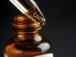 A dropper is pouring liquid into a bottle of cbd oil photo