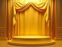 Elegant Gold Stage Podium with Curtains and Pillars for Presentation, Awards Ceremony, or Event Backdrop photo