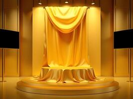 Golden Stage with Drape and Screens - Presentation Backdrop, Awards, Ceremony, Product Display, Luxury, Elegant. photo