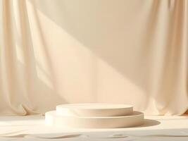 Minimalist Beige Podium Display with Fabric Drapes, 3D Render for Product Presentation, Soft Light Background. photo