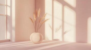 Captivating interior with soft light, vase, and ornamental grasses creating a serene atmosphere photo