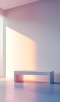 Minimalist composition of empty bench in sunlit architectural setting evoking serenity photo