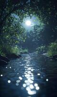 Enchanted Moonlight Serenade, A tranquil stream illuminated under the moon's enchanting glow photo