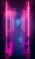 Neon Lights in a Dark Tunnel, Reflecting on Wet Floor, Creating a Modern, Abstract Feel photo