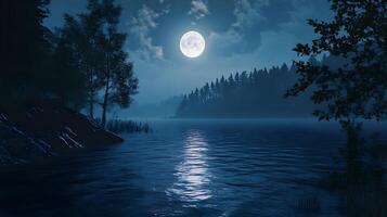 A tranquil lake scene illuminated by a radiant full moon under a serene nocturne setting photo