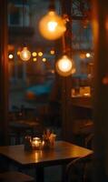 Ambient Illumination Captivating Nighttime Cafe Interior, Warmth, Cozy Environment and Rustic Charm photo