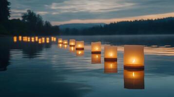 Enchanting luminous floating lanterns, tranquility lake at dusk reflecting serene light photo