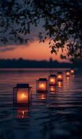 Candlelit Serenity Floating Across a Water Surface at Dusk, Reflecting Peaceful Illumination photo