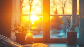 Serene Sunset Illumination Cozy Window View with Plants and Candle, Capturing Tranquility photo