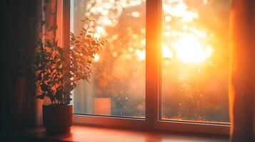 Golden hour sunlight stream through a window with a plant on the sill, creating a warm glow photo