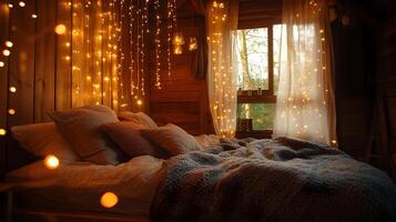 Cozy and inviting bedroom scene adorned with twinkling fairy lights creating a warm ambiance photo