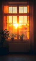 Golden hour serenity sunlight through a window with plants casting a warm glow on home space photo