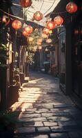 Mystical alleyway with chinese lanterns casting warm glows in a peaceful street view photo