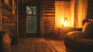 Inviting interior view of a rustic log cabin bathed in warm light from an old lantern photo