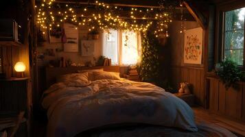 Enchanting bedroom retreat illuminated by festive string lights and charming window glow photo
