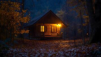 Cozy cabin glows amid the quiet woods, beckoning with warmth and a peaceful escape at night photo