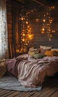 Inviting rustic bedroom retreat bathed in soft, glowing string lights ambiance with cozy bedding photo