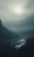 An atmospheric, mysterious landscape with heavy fog obscures the view of the mountains photo
